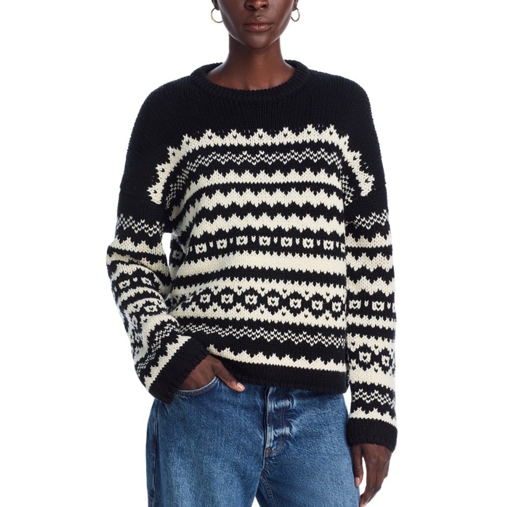 Velvet by Graham & Spencer Maywood Wool Blend Fair Isle Sweater Black‎ Milk XL